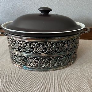 Rare Vintage Oval Cooking Dish | Brown Casserole Crock with metal carrier/stand